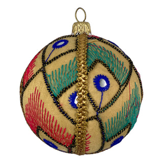 Single Aarav Bauble in cream fabric with peacock-inspired embroidery, mirrors, and gold trim, handmade 8cm ornament.