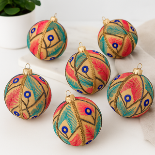 Close-up detail of the Aarav Bauble embroidery and metallic braid trim, artisan handmade decoration.