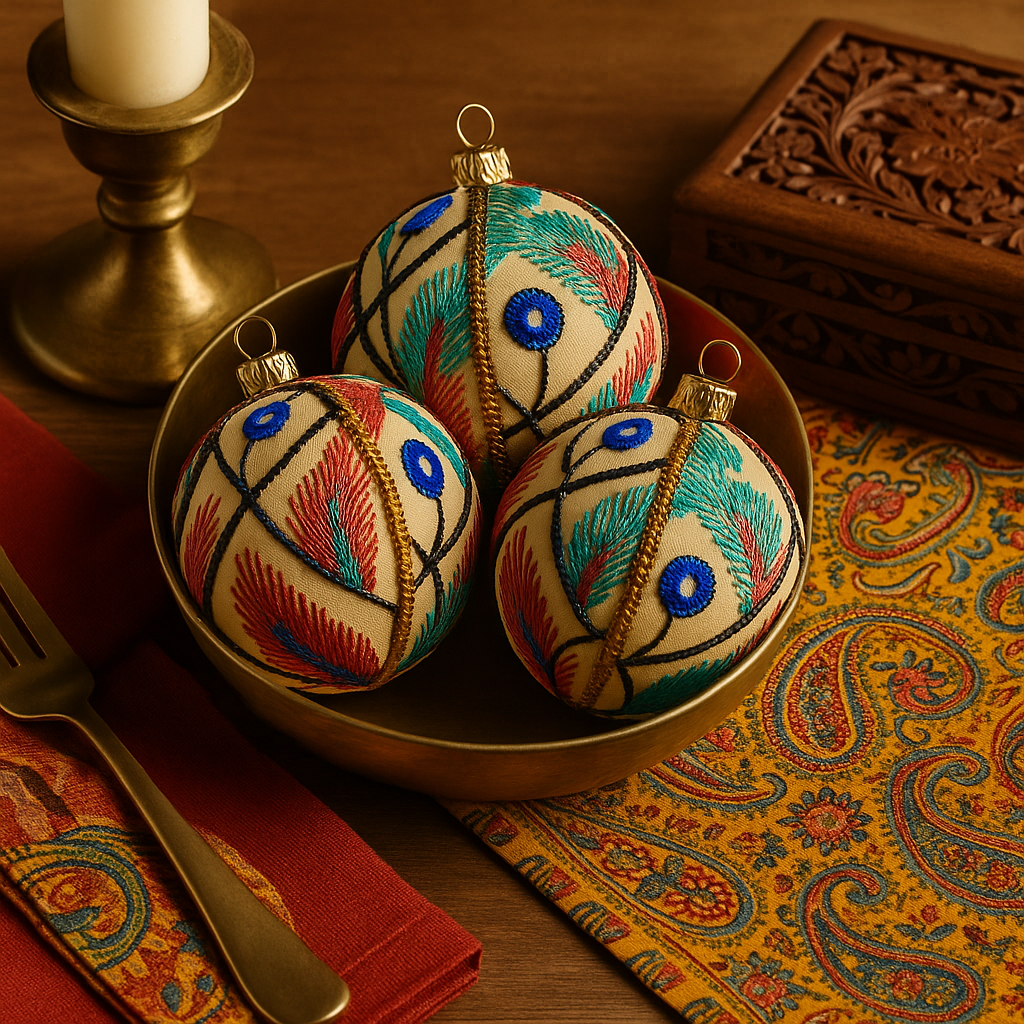 Three Aarav Baubles resting in a brass bowl surrounded by carved wood, paisley fabric, and an orange velvet cushion for a bold yet refined Indian-inspired look.