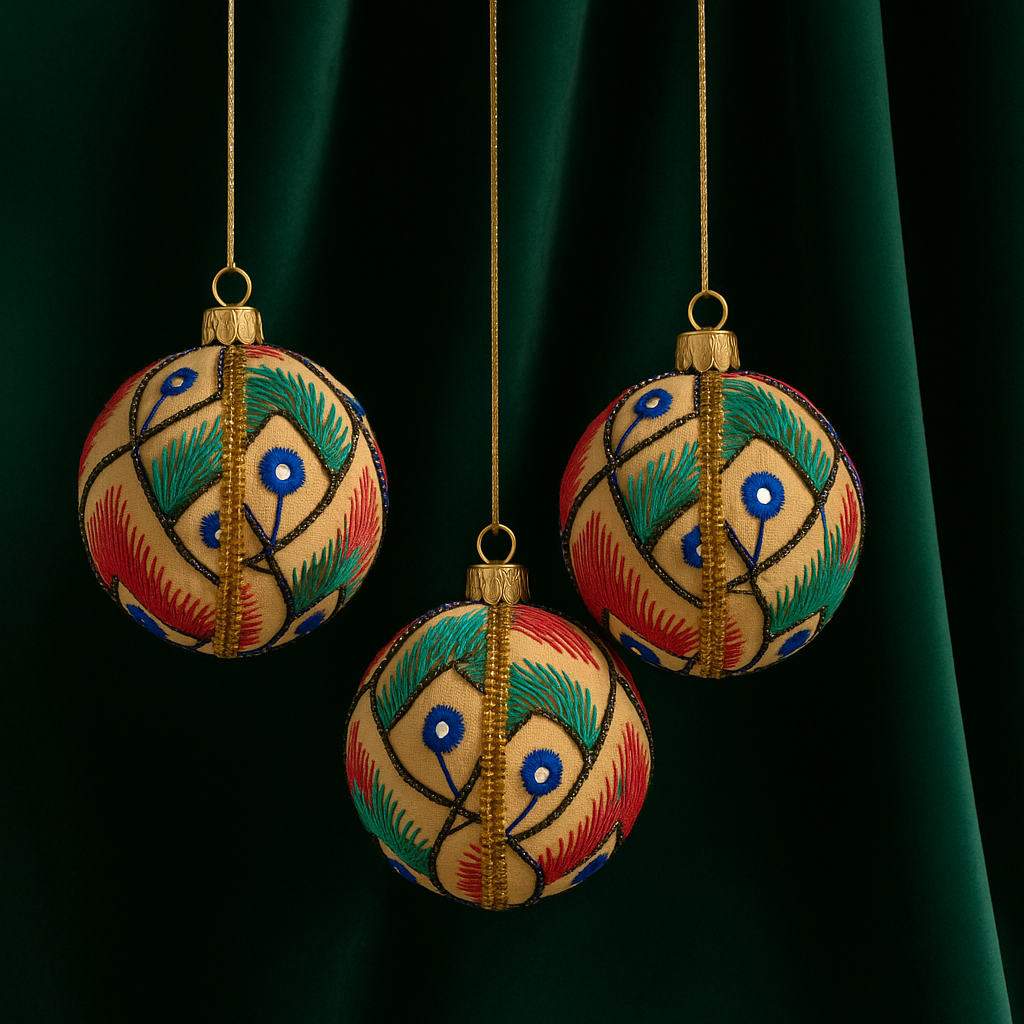 Three Aarav Baubles in 8cm hanging in front of deep green velvet, highlighting the intricate embroidery and gold trim. Computer-generated image.