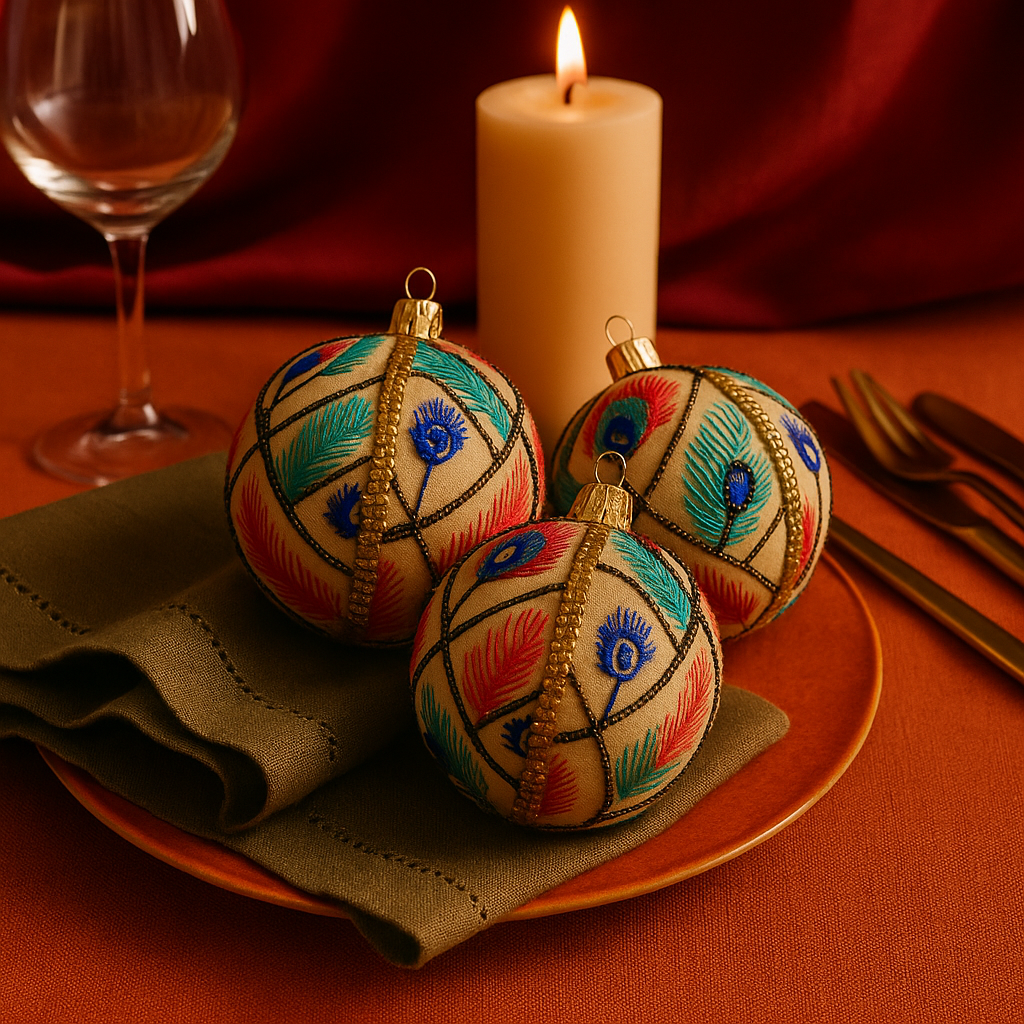 rio of Aarav Baubles in 8cm styled on a rich orange tablecloth with gold cutlery, an olive green napkin, and a lit candle, creating a warm, luxurious festive feel.