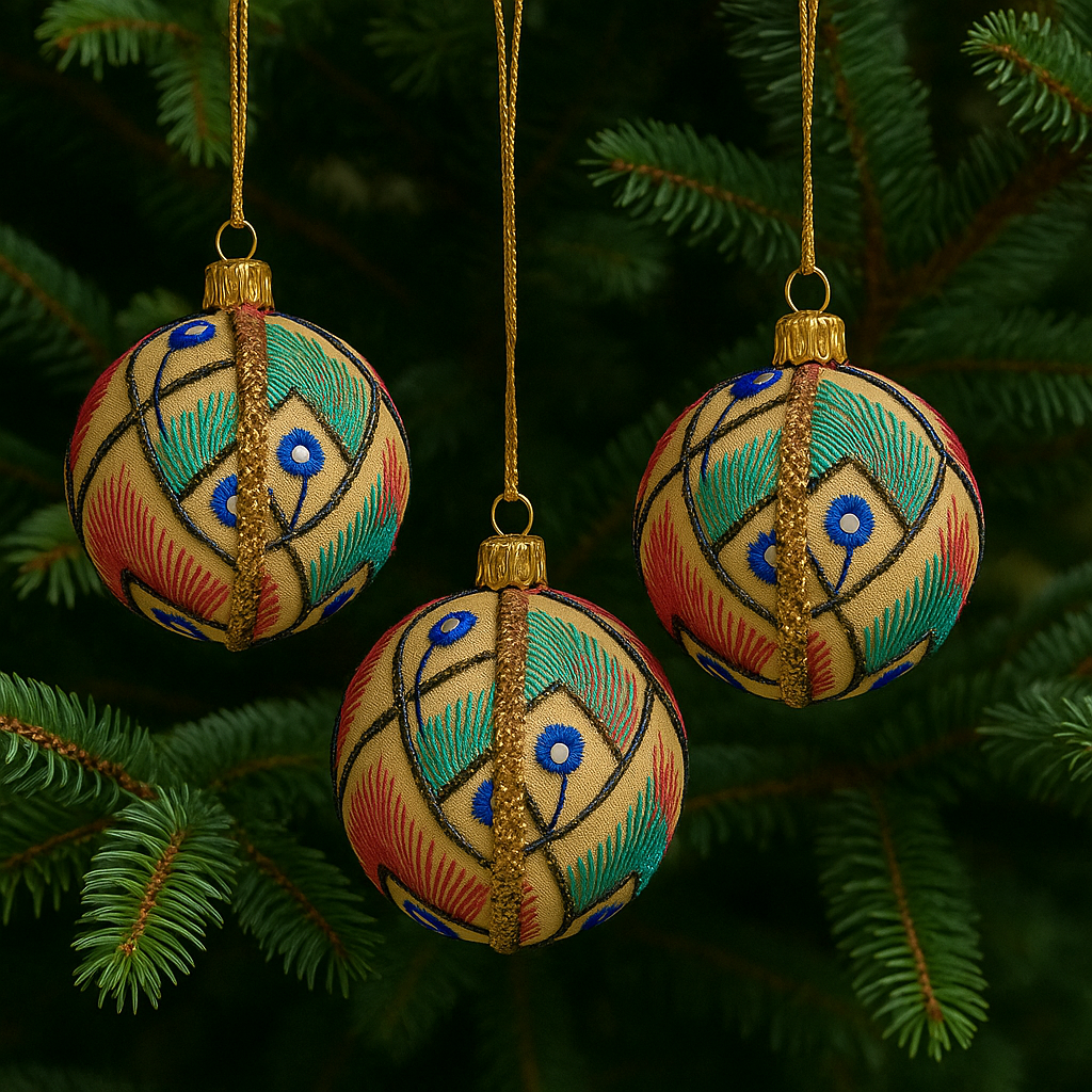 Three Aarav Baubles in 8cm hanging on a fir tree, featuring cream fabric with red, teal, and royal blue embroidered peacock feather designs and gold trim.