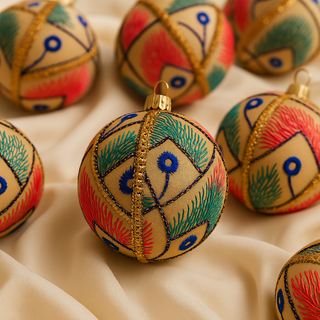 Set of Aarav Baubles with colourful embroidery and mirrors, luxury handmade sustainable decorations from the UK
