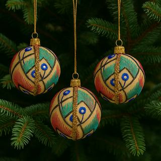 Three aarav baubles hanging naturally in a tree. Handmade in the UK, perfect for gifting 