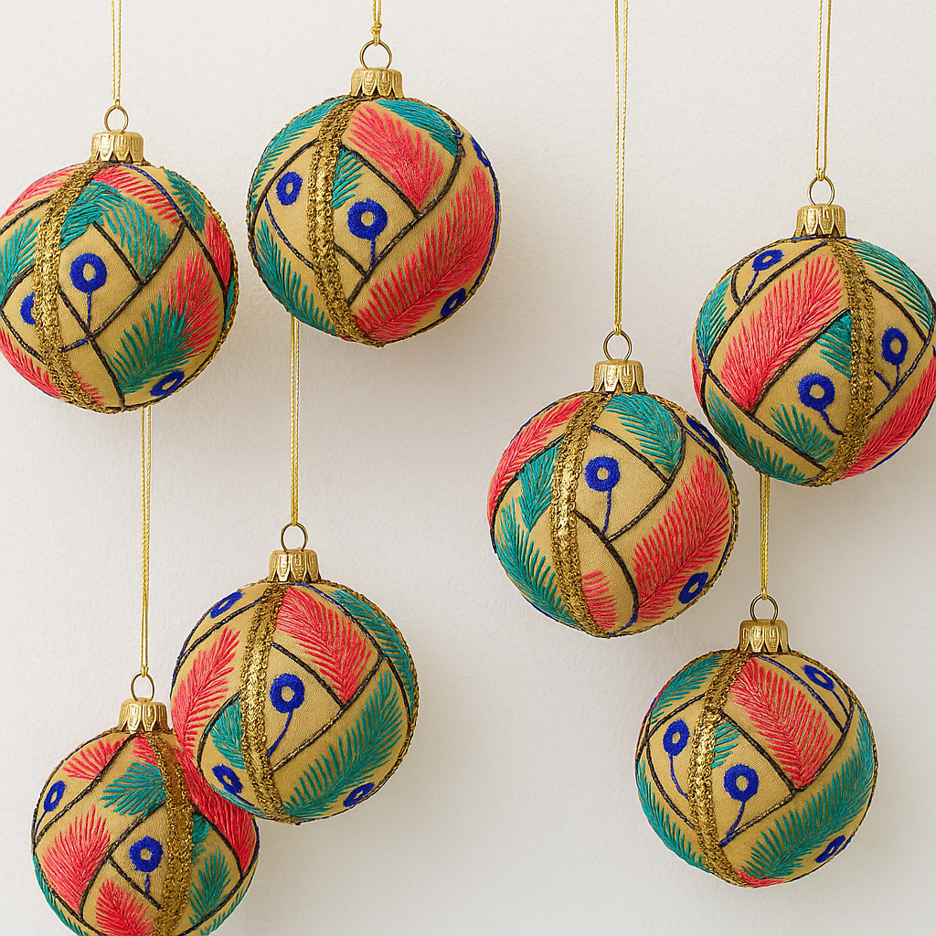DIY Bauble Kit to handcraft your own Aarav Bauble – sustainable 8cm ornament with fabric, mirrors, and gold trim