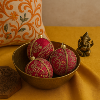 Set of three Aarna Baubles placed in a hammered brass bowl on an ochre cloth with a carved trivet, Ganesh figurine, and embroidered cushion — warm, stylish and subtly Indian.