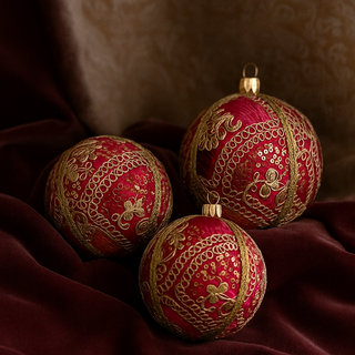 Three 10cm Aarna Baubles with rich gold embroidery resting naturally on burgundy velvet fabric, styled in a luxurious boho setting.
