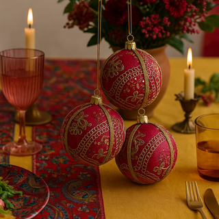 Trio of Aarna Baubles hanging above a vibrant tablescape with a mustard tablecloth, paisley runner, candles, and colourful glassware for a festive, modern look.