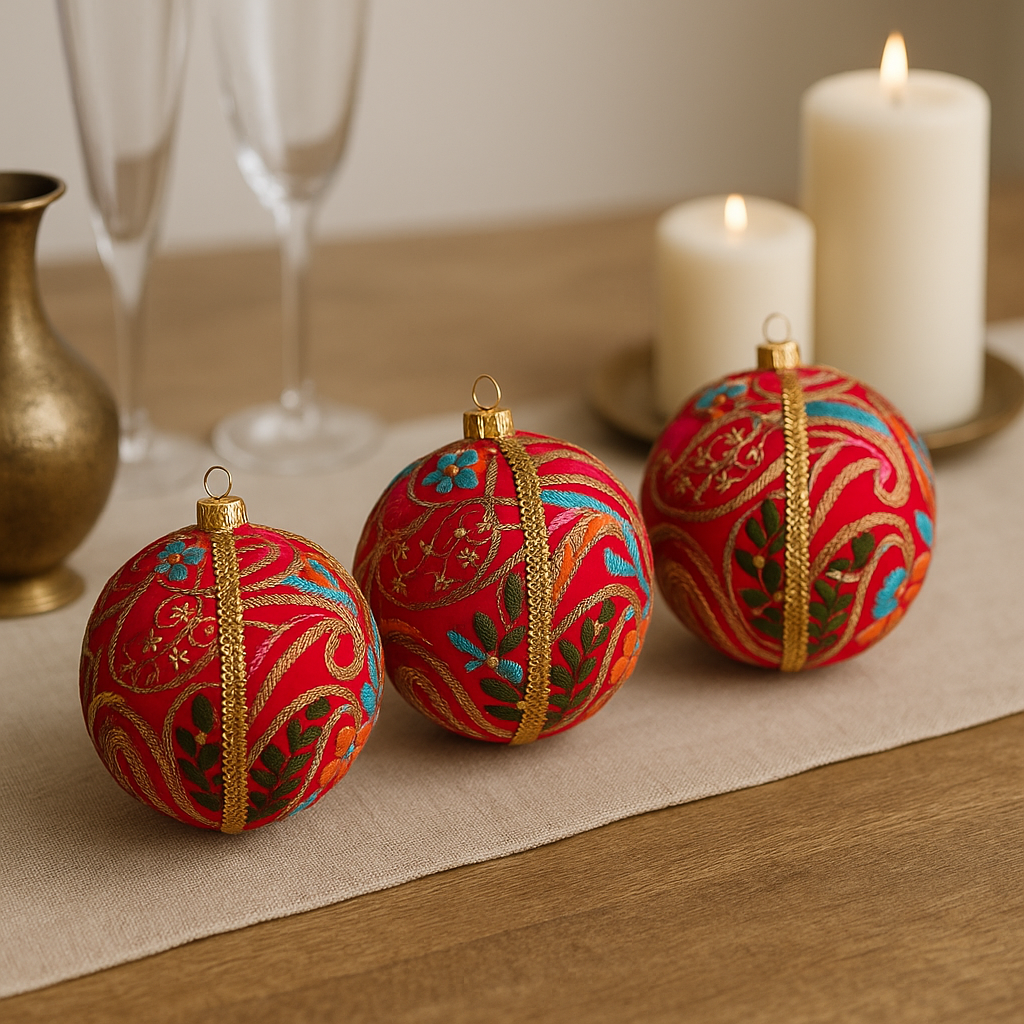 Aditi Bauble – hot pink handmade fabric ornament with embroidery and sequins, styled in a modern home décor setting
