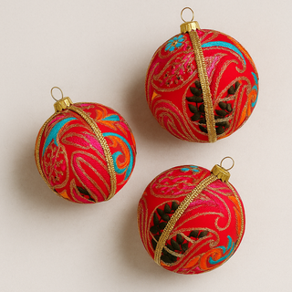Cluster of Aditi Baubles – 10cm handmade hot pink fabric ornaments with embroidery and sequins, UK-made luxury décor.