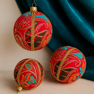 Aditi Baubles hanging in front of a rich velvet backdrop in blush and ochre tones, styled with bold modern lighting and fun, colourful decor.