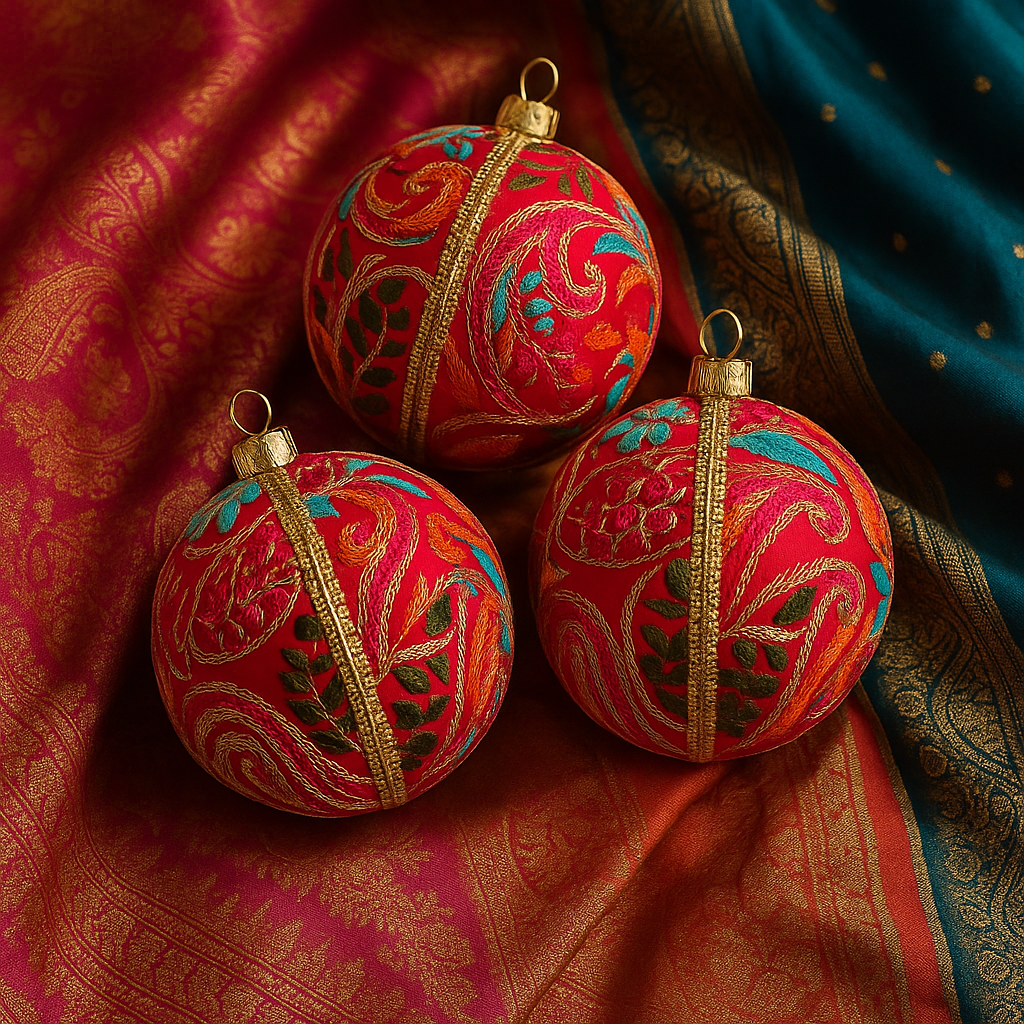 Set of Aditi Baubles – handmade hot pink ornaments with gold embroidery and sequin accents, sustainable UK-made decoration.