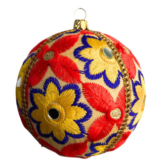 Advik Bauble – 10cm golden fabric ornament with red and yellow floral embroidery, blue accents, mirrorwork, and gold braid, handmade in the UK.