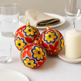 Set of Advik Baubles on golden base with multicolour embroidery and mirrors, luxury handmade decorations.