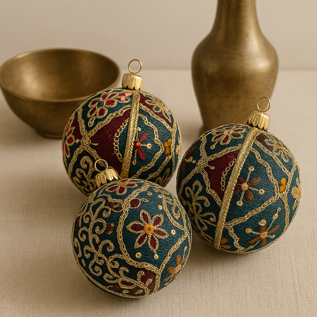 Decorative Christmas ornaments with intricate patterns on a beige surface