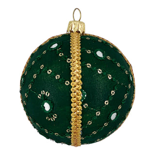 Close-up of the Akansh Bauble in 8cm, featuring deep green fabric with mirrorwork, gold sequin embroidery, and braided gold trim.