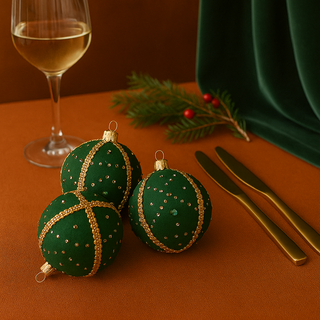 Trio of Akansh Baubles styled on a burnt orange table with gold cutlery and green velvet accents, creating a luxurious and festive setting.