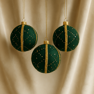Three Akansh Baubles in 8cm hanging in front of a soft ivory velvet backdrop, showcasing rich green fabric with gold beading and mirrorwork.