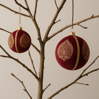 Anant Baubles in 10cm size hanging on a bare branch tree, showcasing their regal red and gold design in a minimalist modern setting.
