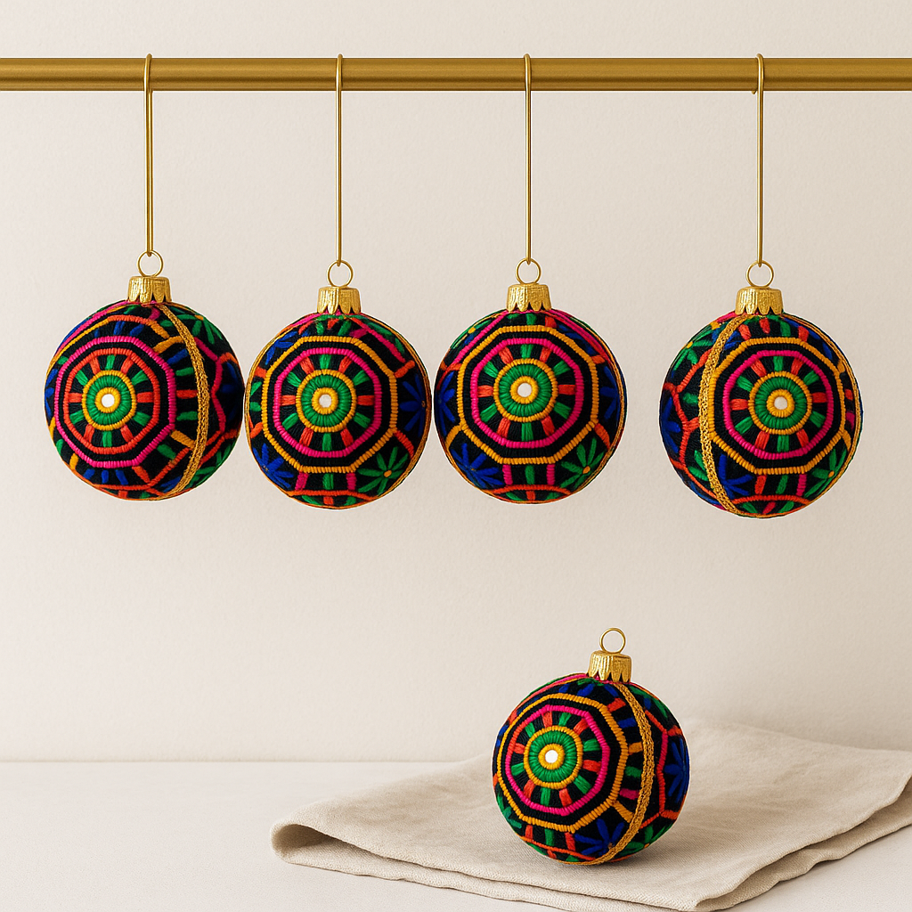 Close-up of Ananya Bauble showing gold braid, mirror accents, and geometric threadwork.