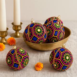 Set of Ananya Baubles with multicolour embroidery and mirrors, luxury handmade decorations.