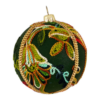 Close-up of the Anung Bauble in 8cm, featuring rich green fabric with intricate multicolour embroidery and gold trim detailing.
