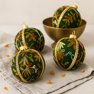 Set of Anung Baubles with forest green base and botanical threadwork, luxury handmade decorations.