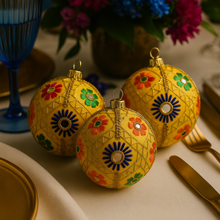 A trio of Aradhya Baubles styled in a high-end tablescape with gold cutlery, cobalt glassware, and fresh florals, creating a sophisticated and festive setting.