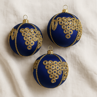 Arjun Bauble – 10cm royal blue fabric ornament with gold zari embroidery, mirrorwork, and gold braid, handmade in the UK.
