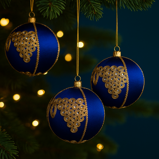 Three Arjun Baubles hanging from evergreen branches, glowing with warm fairy lights. Their gold spiral embroidery and mirror detailing shimmer beautifully against the dark green tree.