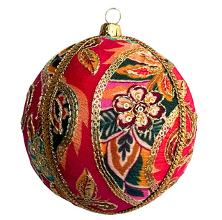 Avan Bauble – 10cm hot pink fabric ornament with floral embroidery, gold threadwork, sequins, and gold braid, handmade in the UK.