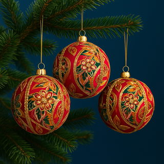 Three Avan Baubles hanging elegantly from fir branches against a deep blue backdrop, glowing with gold embroidery, rich red tones, and floral sequin embellishment.