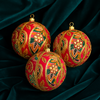 Three 10cm Avan Baubles displayed on deep teal velvet fabric, featuring bold red and gold floral embroidery with sequins and ornate detailing.