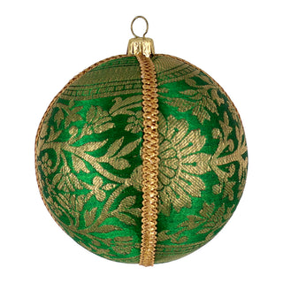 Bhav Bauble – 10cm emerald silk brocade ornament with gold floral weave and gold braid, handmade in the UK.