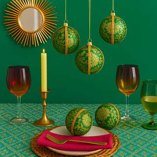 Three elegant green and gold baubles styled together in a clean, modern setting with subtle shadows and soft lighting.