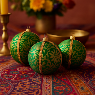A close-up image of three green and gold fabric baubles styled with a soft Indian accent — brass detailing and rich texture elevate the composition.