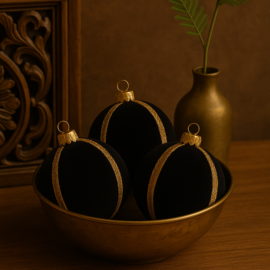 Black velvet baubles displayed in a brass bowl with wooden carvings and Indian-style brass accents in a luxe modern setting.