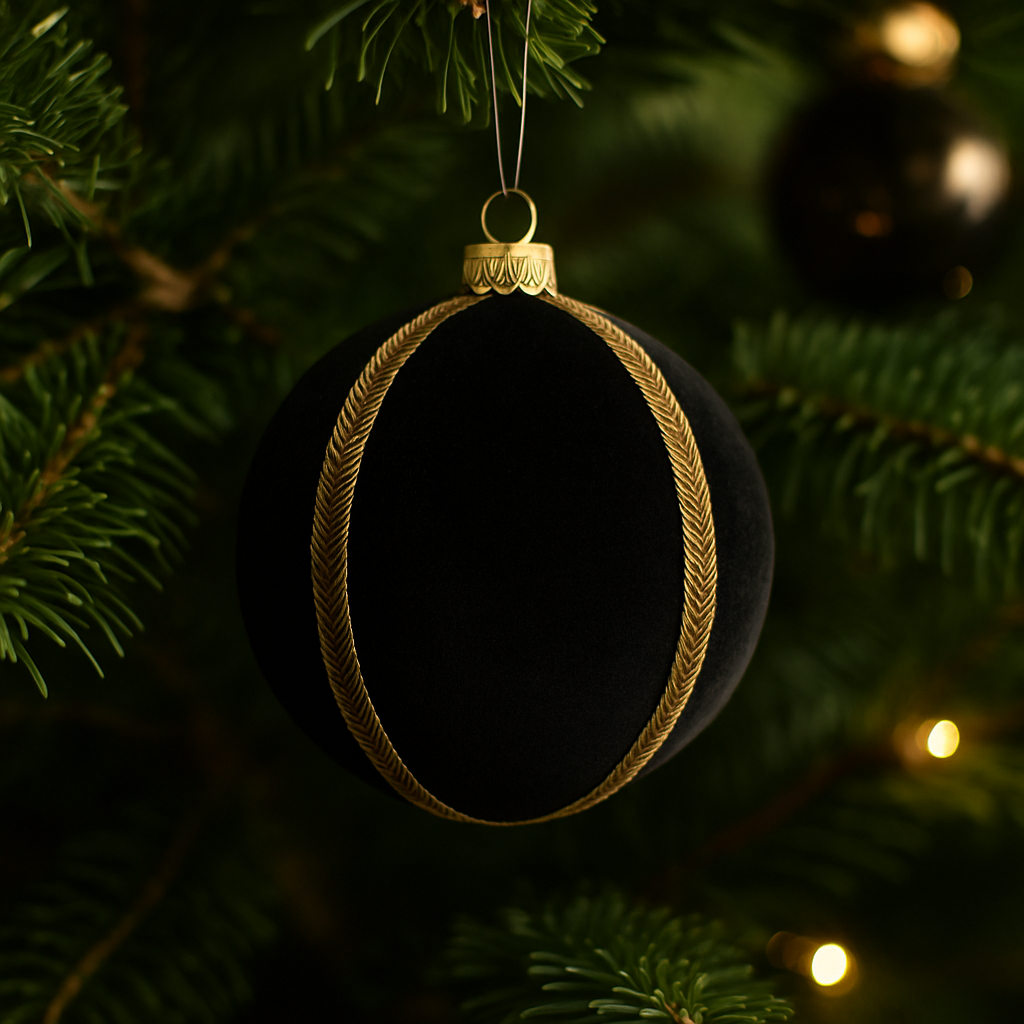 Black velvet bauble with gold trim displayed on a Christmas tree with golden fairy lights and deep green branches