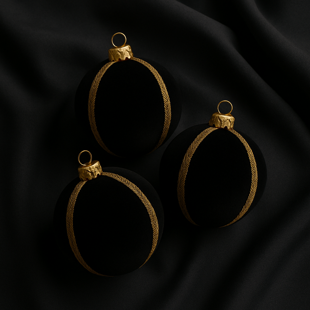 Three black velvet baubles with gold trim arranged on soft black draped fabric in a clean, editorial-style display.