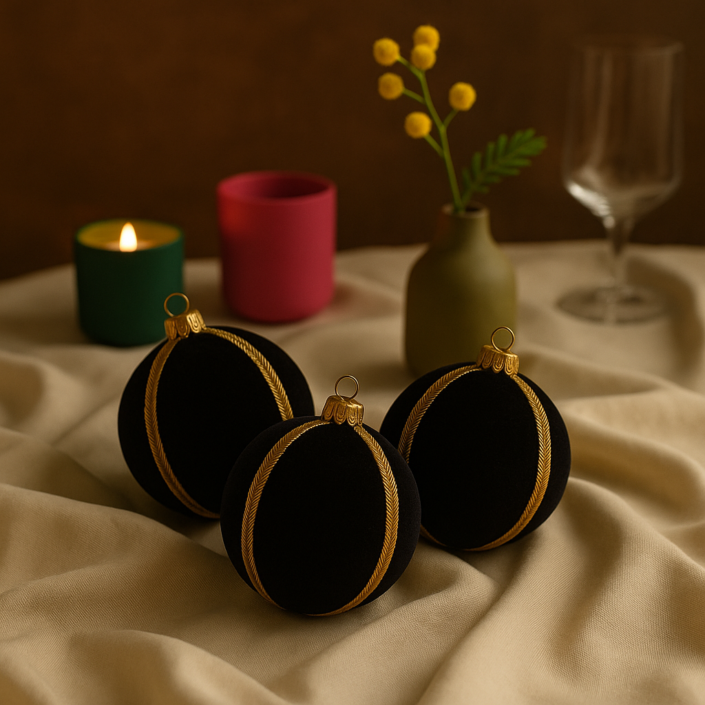 Three black velvet baubles styled on a cream tablecloth with candles, glassware, and mimosa flowers in a festive tablescape