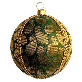 Charu Bauble – 8cm emerald brocade ornament with woven gold paisley and gold braid, handmade in the UK.