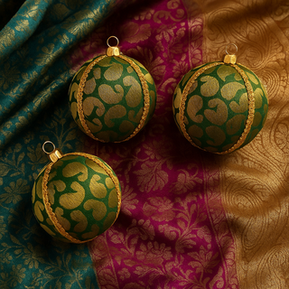 Set of Charu Baubles in emerald brocade with gold paisley, luxury handmade decorations.