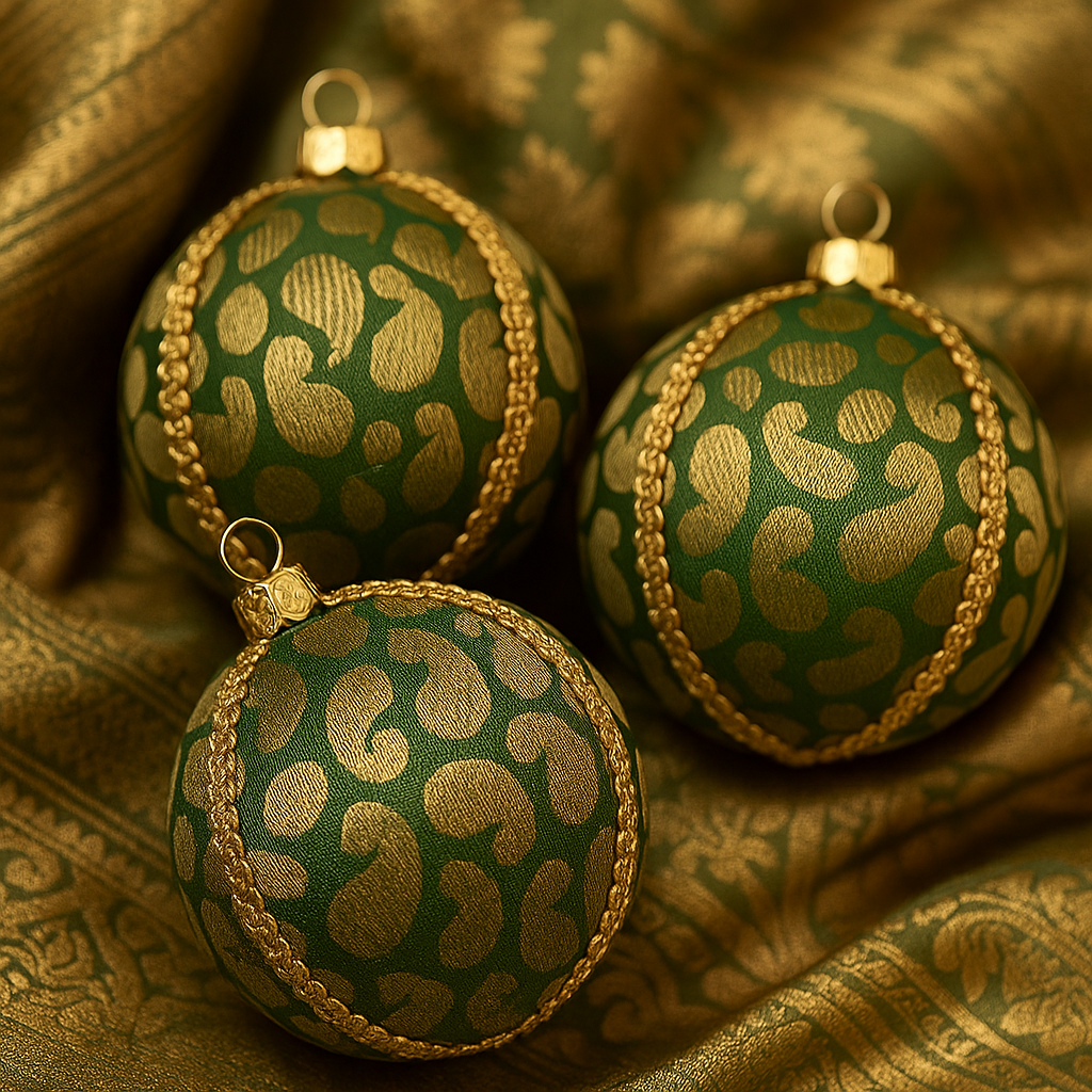 Set of Charu Baubles in emerald brocade with gold paisley, luxury handmade decorations.