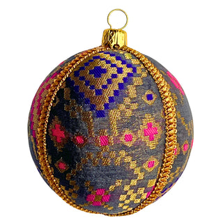 Chirag Bauble – 8cm handmade fabric ornament in grey with gold geometric embroidery and pink/purple accents, luxury UK décor.