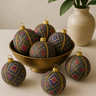 Chirag Bauble – 8cm handmade fabric ornament in grey with gold geometric embroidery and pink/purple accents, luxury UK décor