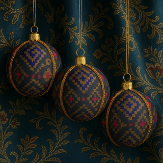 Three Chirag Baubles hanging against embroidered teal fabric, with soft natural light highlighting their intricate pattern and gold trim.