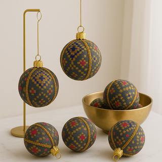 Chirag Bauble – grey fabric ornament with gold geometric embroidery, pink and purple accents, hanging decoration handmade in the UK