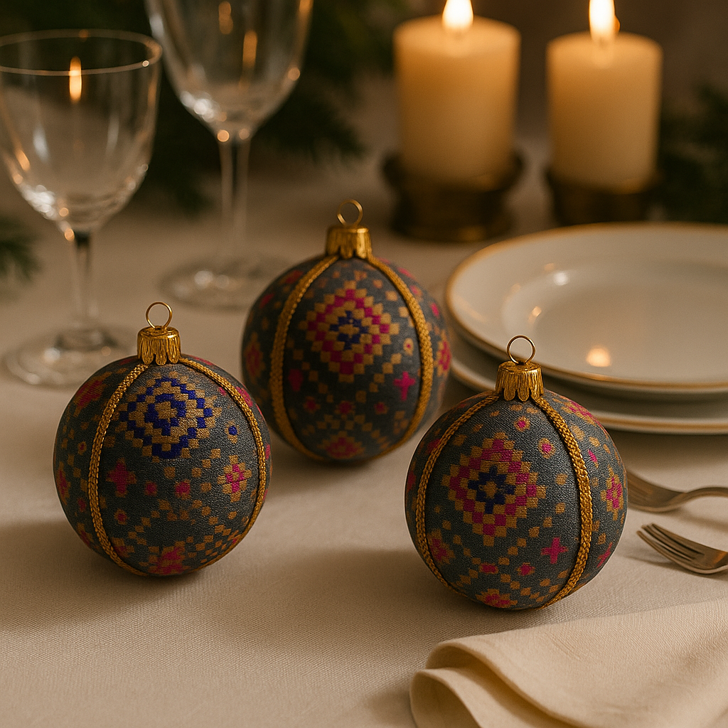 Set of Chirag Baubles – handmade grey ornaments with gold embroidery and colourful accents, displayed in a decorative bowl.