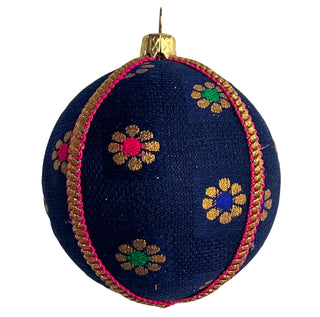 Dancing Florals Bauble – 8cm navy brocade ornament with gold-woven multicolour floral motifs and pink-gold braid, handmade in the UK.