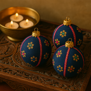 Set of three Dancing Flowers baubles placed on a carved wooden tray beside a brass bowl of candles, styled in a warm, Indian-inspired home setting.